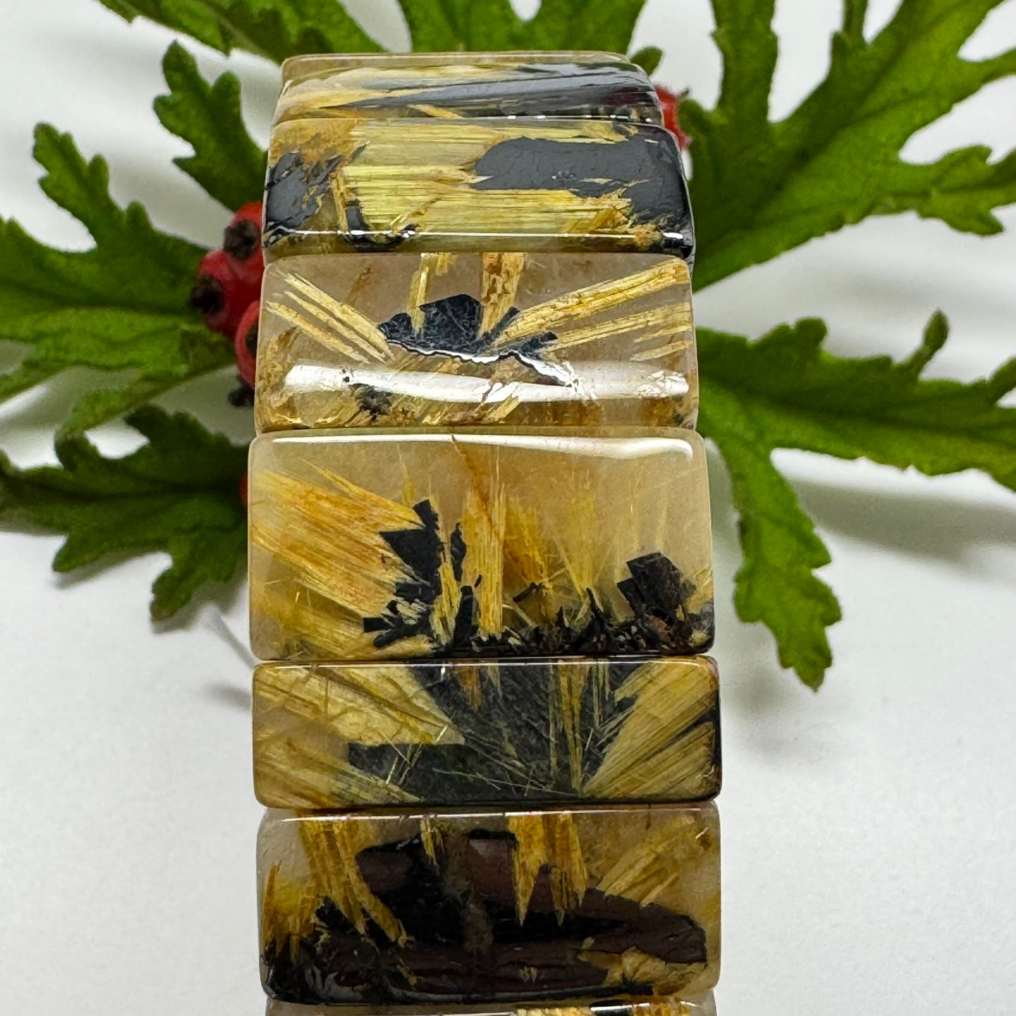 Bracelet: Golden Rutilated Quartz With Hematite Crystal Bangle Bracelet