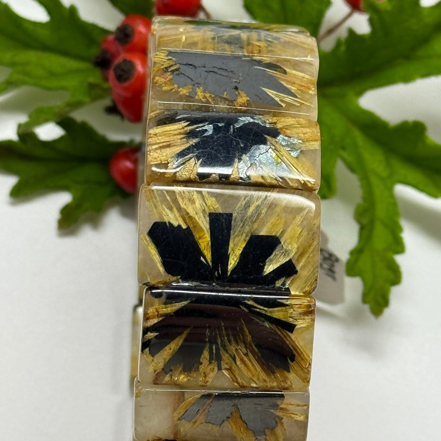 Bracelet: Golden Rutilated Quartz With Hematite Crystal Bangle Bracelet