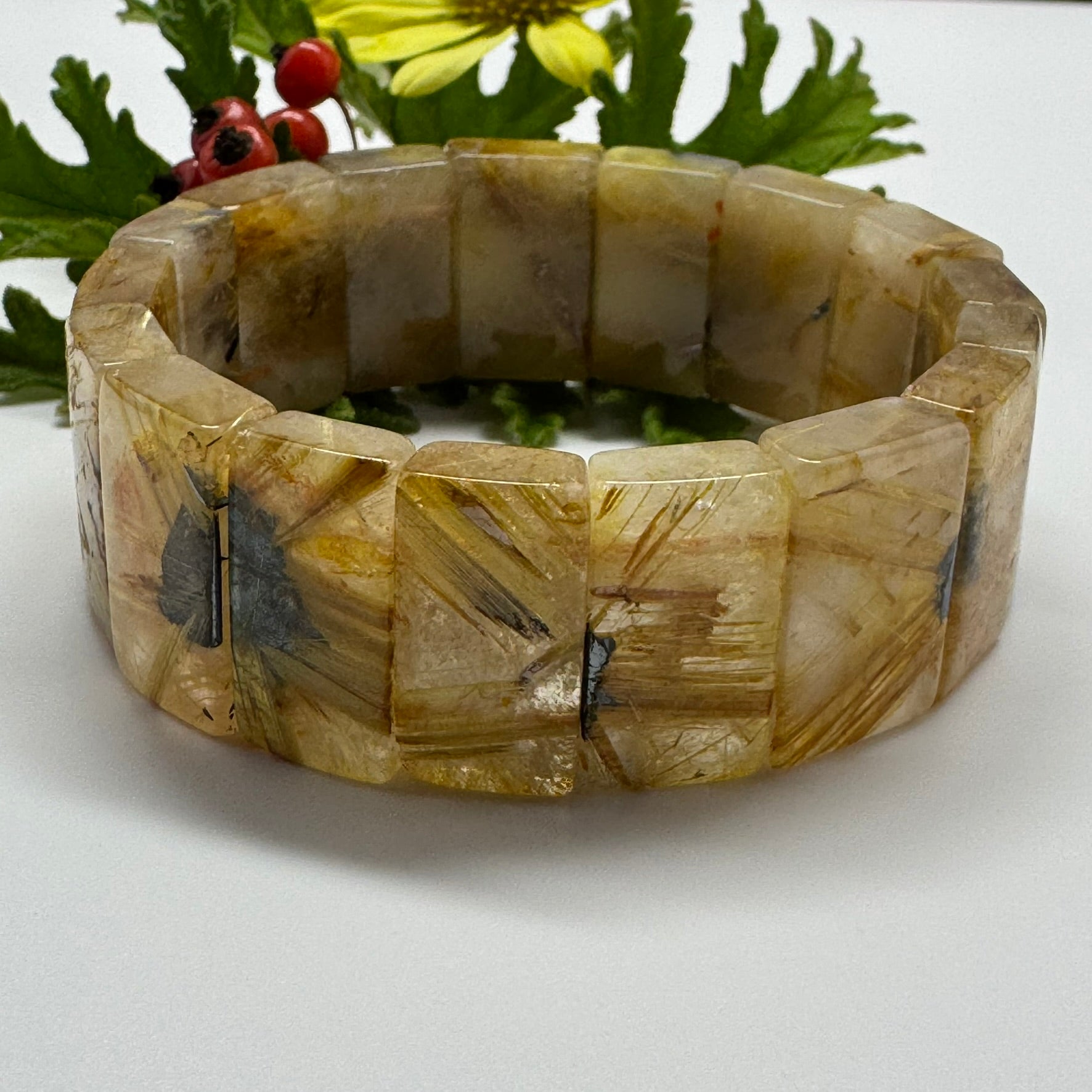 Bracelet: Golden Rutilated Quartz With Hematite Crystal Bangle Bracelet
