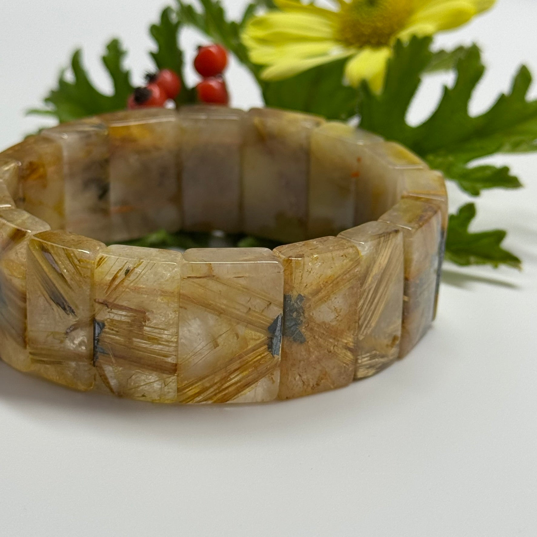 Bracelet: Golden Rutilated Quartz With Hematite Crystal Bangle Bracelet