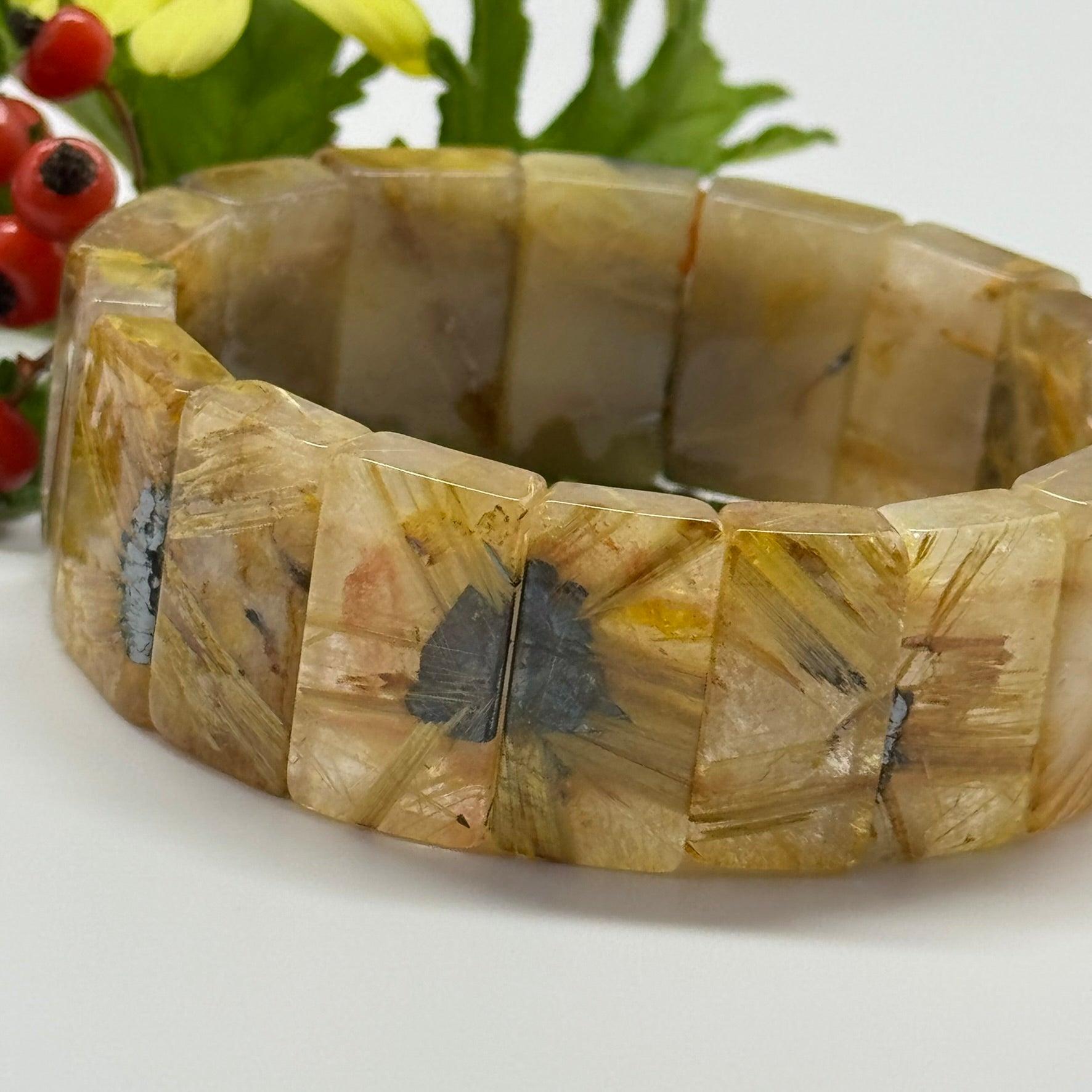 Bracelet: Golden Rutilated Quartz With Hematite Crystal Bangle Bracelet