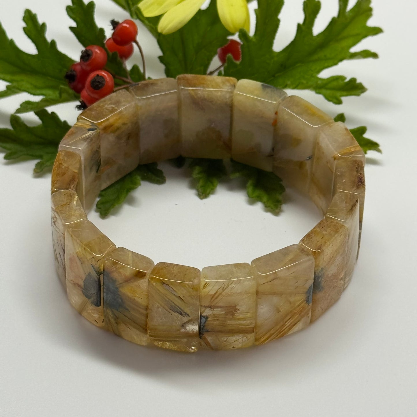 Bracelet: Golden Rutilated Quartz With Hematite Crystal Bangle Bracelet