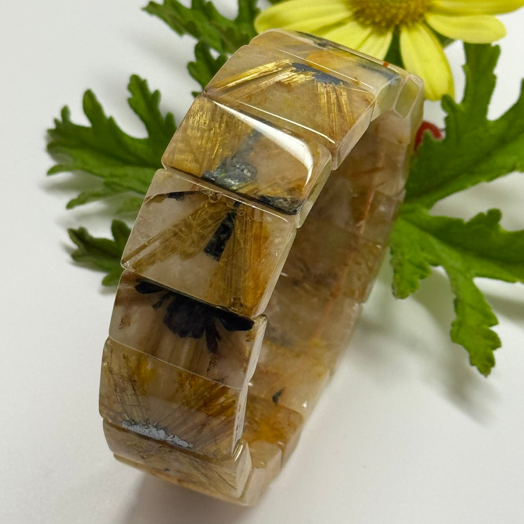 Bracelet: Golden Rutilated Quartz With Hematite Crystal Bangle Bracelet