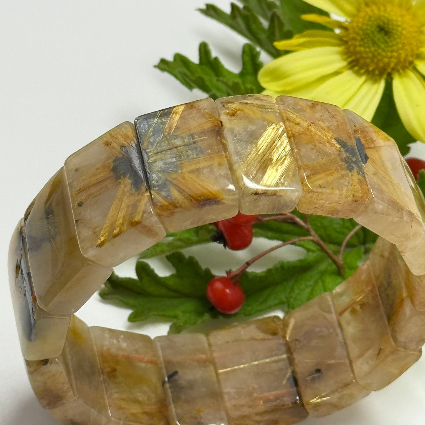 Bracelet: Golden Rutilated Quartz With Hematite Crystal Bangle Bracelet
