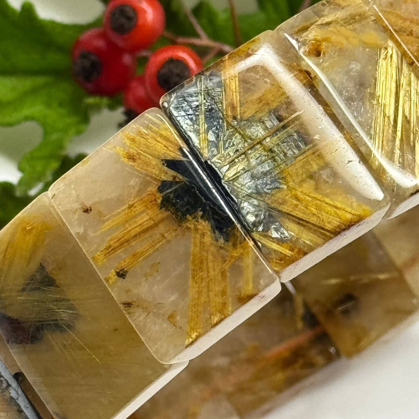 Bracelet: Golden Rutilated Quartz With Hematite Crystal Bangle Bracelet