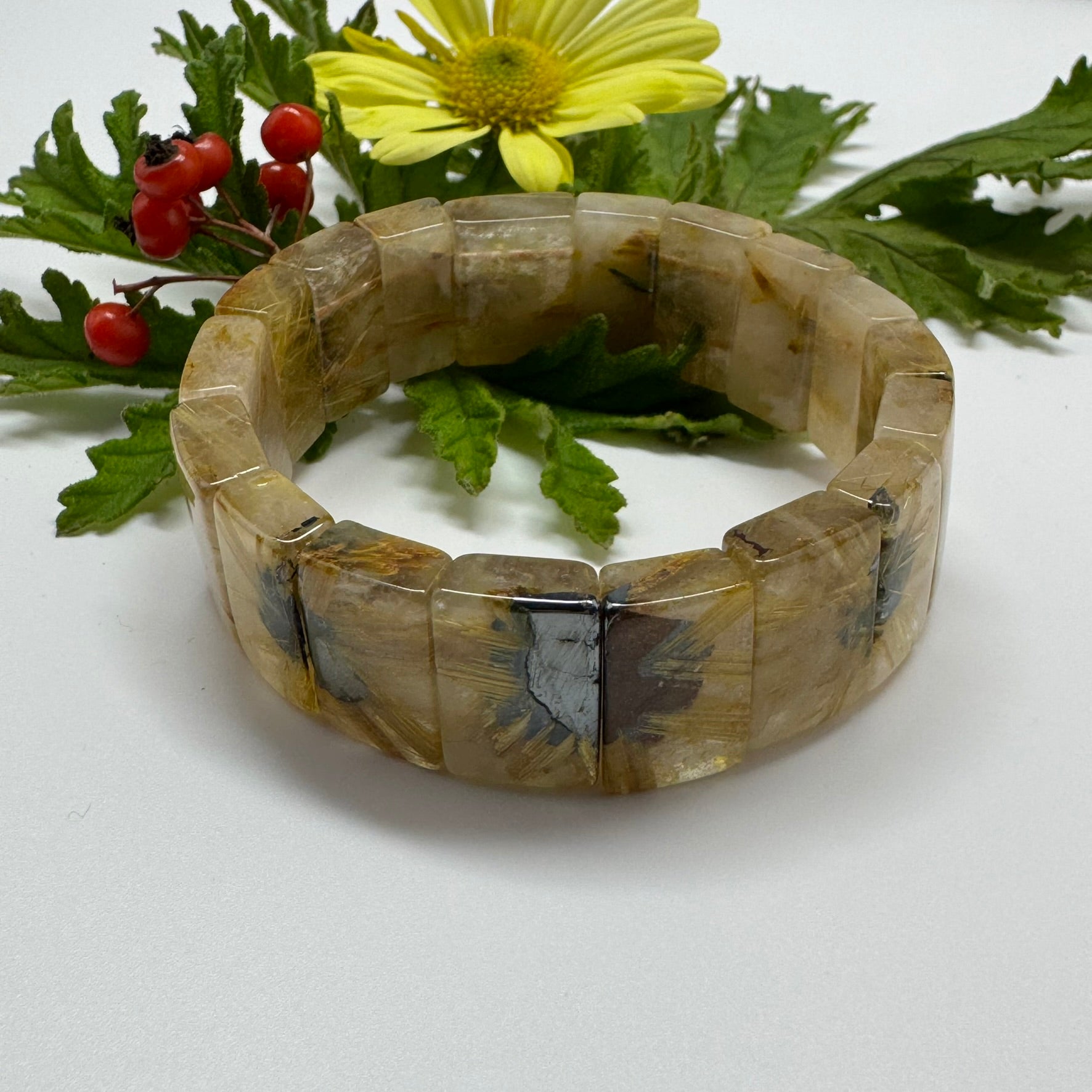 Bracelet: Golden Rutilated Quartz With Hematite Crystal Bangle Bracelet