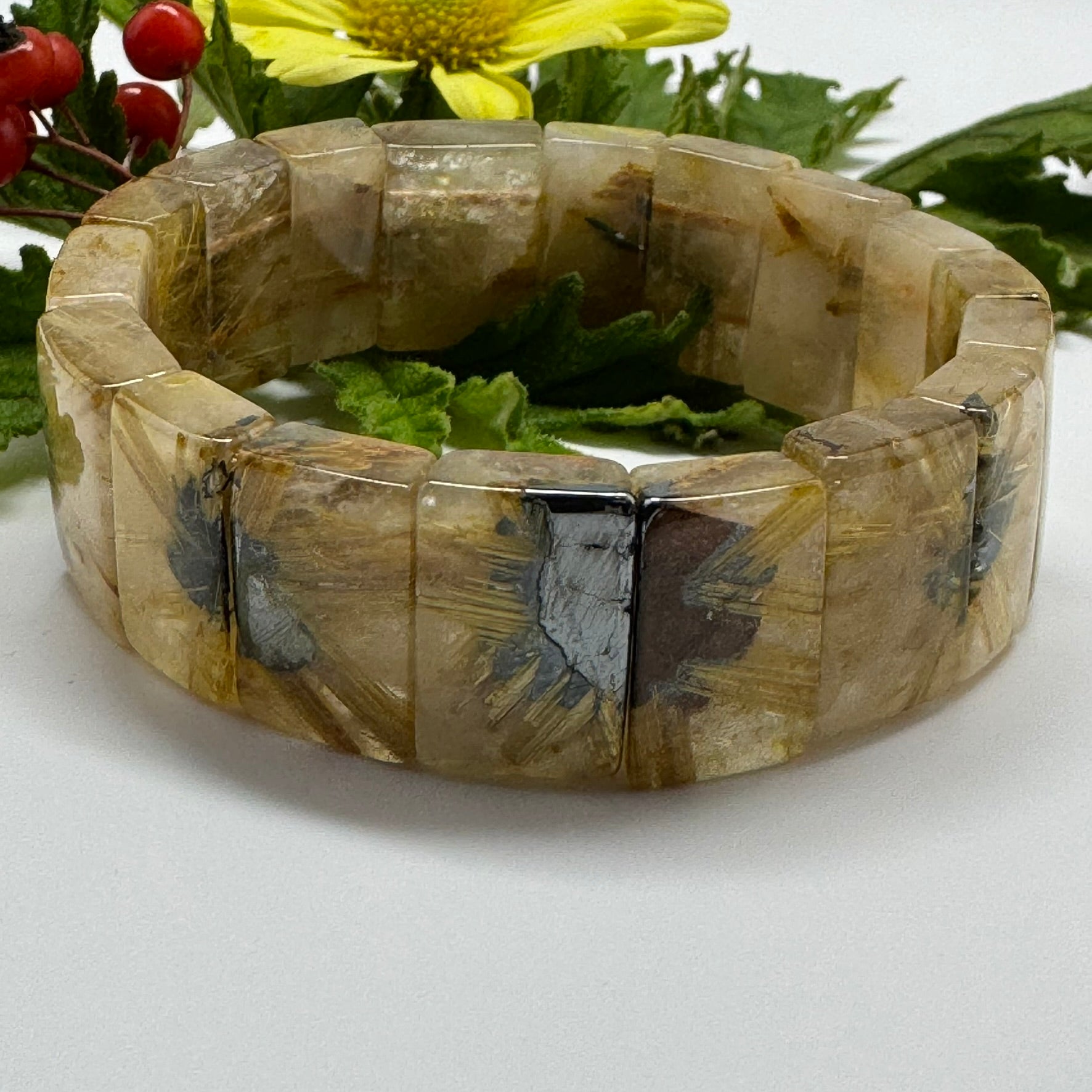 Bracelet: Golden Rutilated Quartz With Hematite Crystal Bangle Bracelet