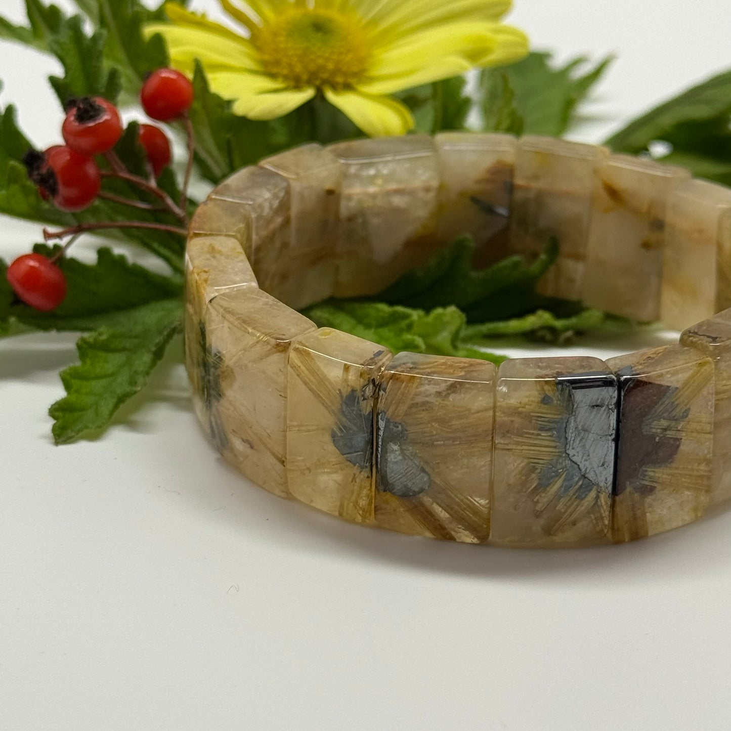 Bracelet: Golden Rutilated Quartz With Hematite Crystal Bangle Bracelet