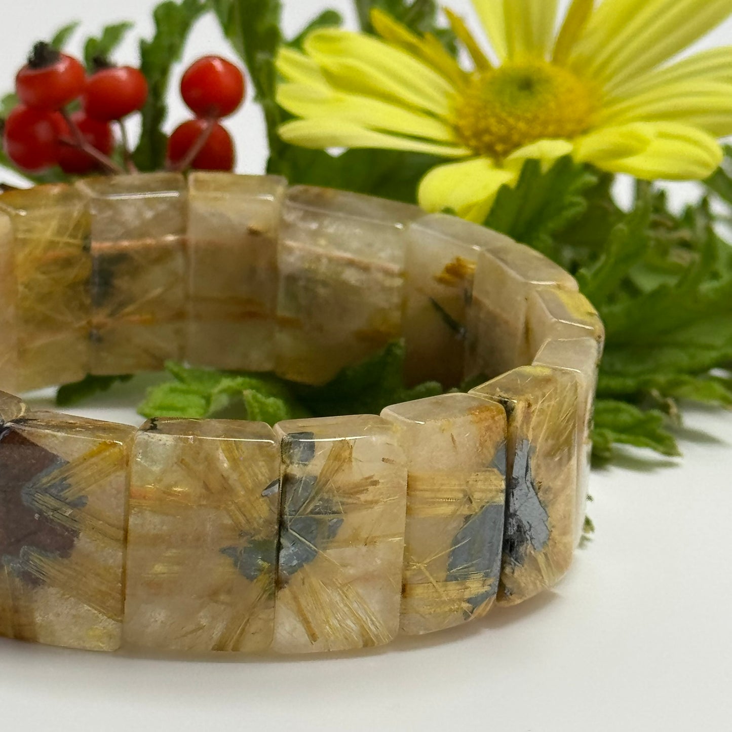 Bracelet: Golden Rutilated Quartz With Hematite Crystal Bangle Bracelet