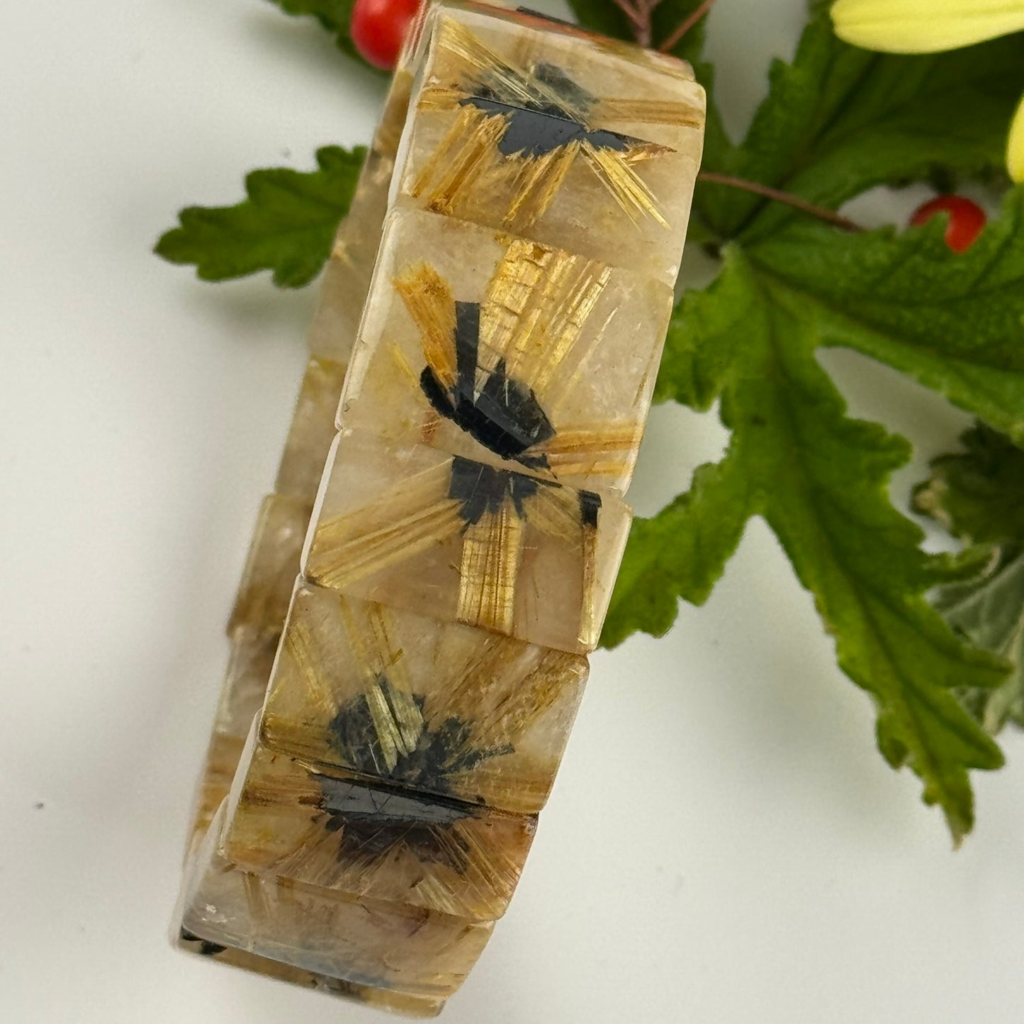 Bracelet: Golden Rutilated Quartz With Hematite Crystal Bangle Bracelet