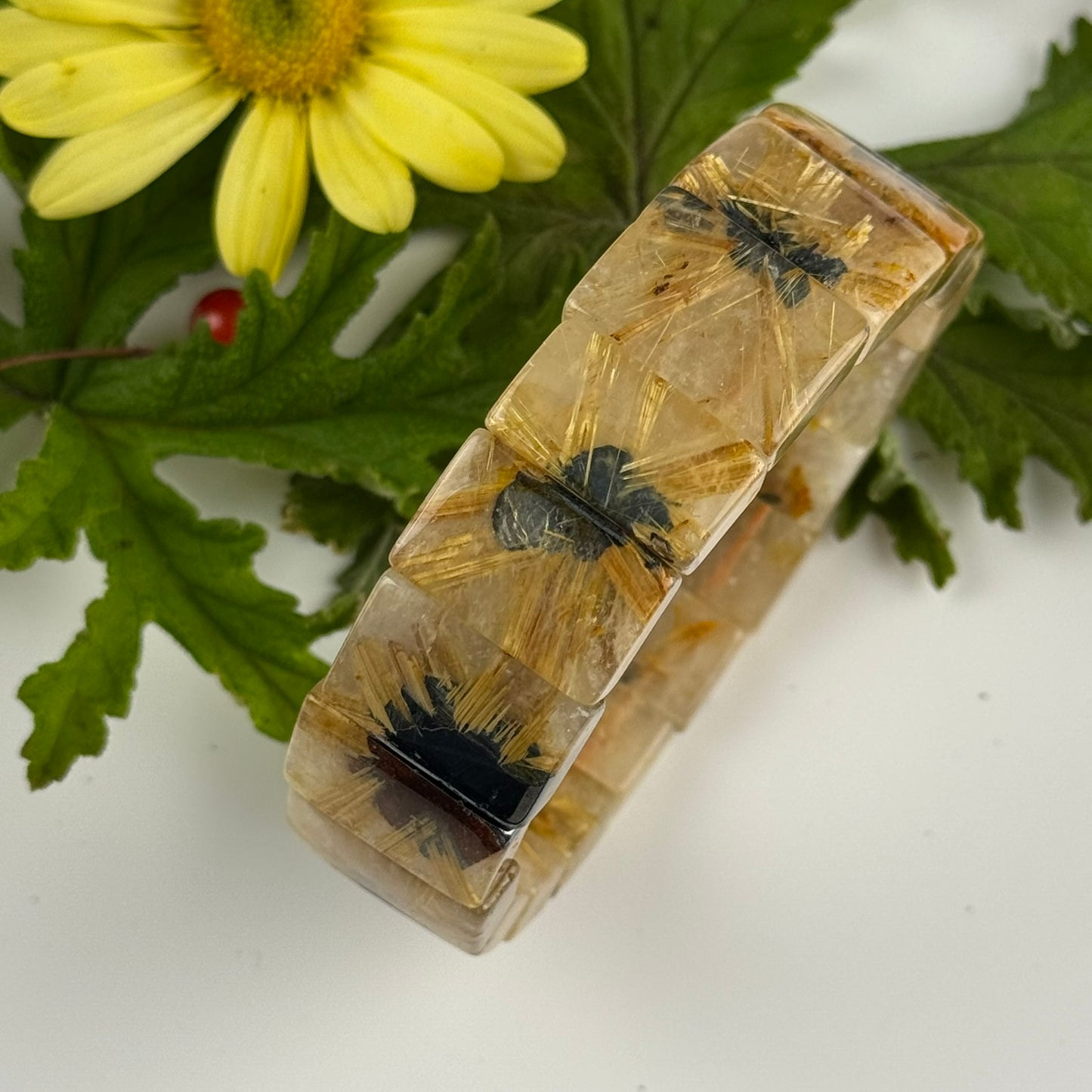Bracelet: Golden Rutilated Quartz With Hematite Crystal Bangle Bracelet