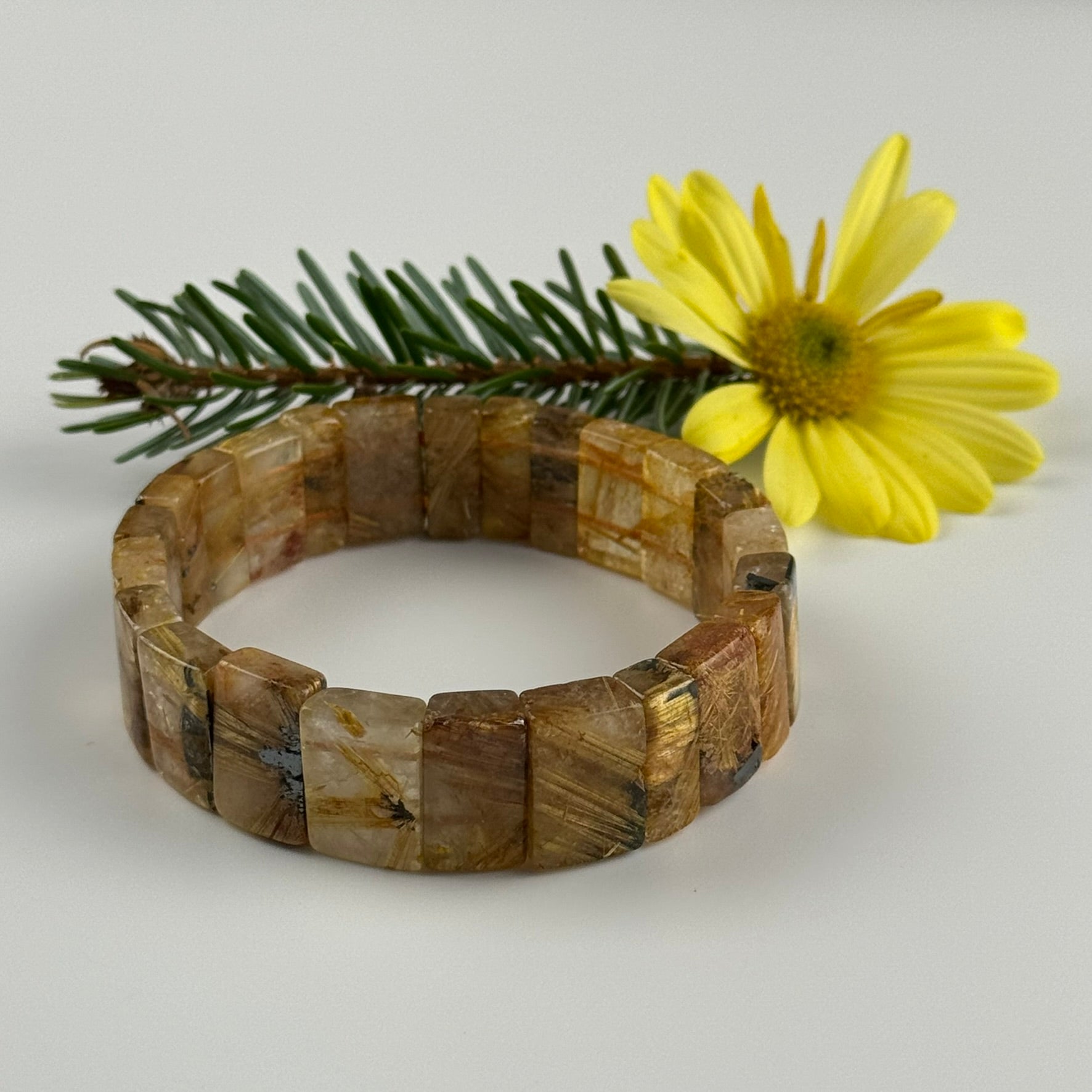 Bracelet: Golden Rutilated Quartz With Hematite Crystal Bangle Bracelet