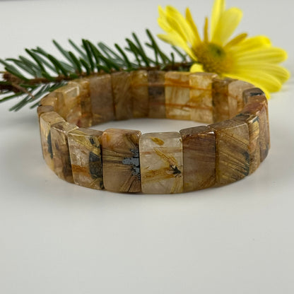 Bracelet: Golden Rutilated Quartz With Hematite Crystal Bangle Bracelet