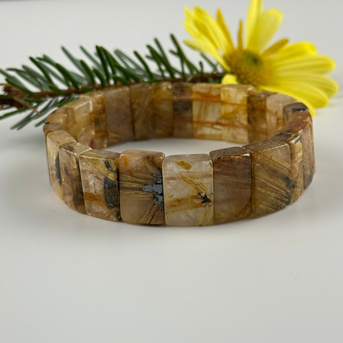 Bracelet: Golden Rutilated Quartz With Hematite Crystal Bangle Bracelet