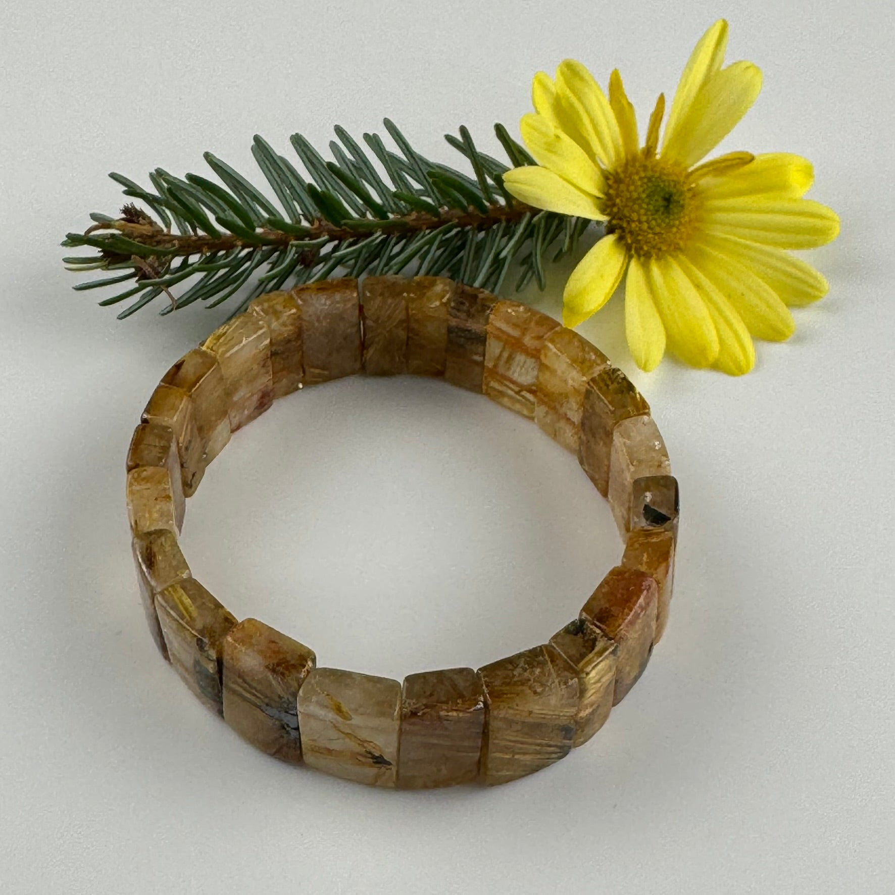 Bracelet: Golden Rutilated Quartz With Hematite Crystal Bangle Bracelet