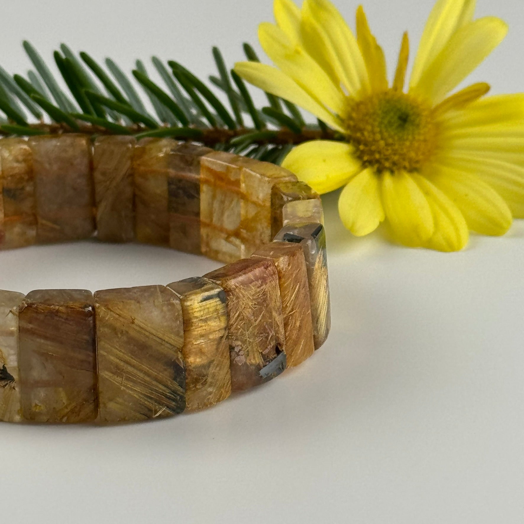Bracelet: Golden Rutilated Quartz With Hematite Crystal Bangle Bracelet