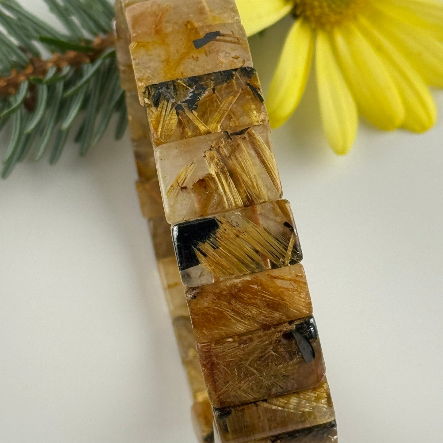 Bracelet: Golden Rutilated Quartz With Hematite Crystal Bangle Bracelet