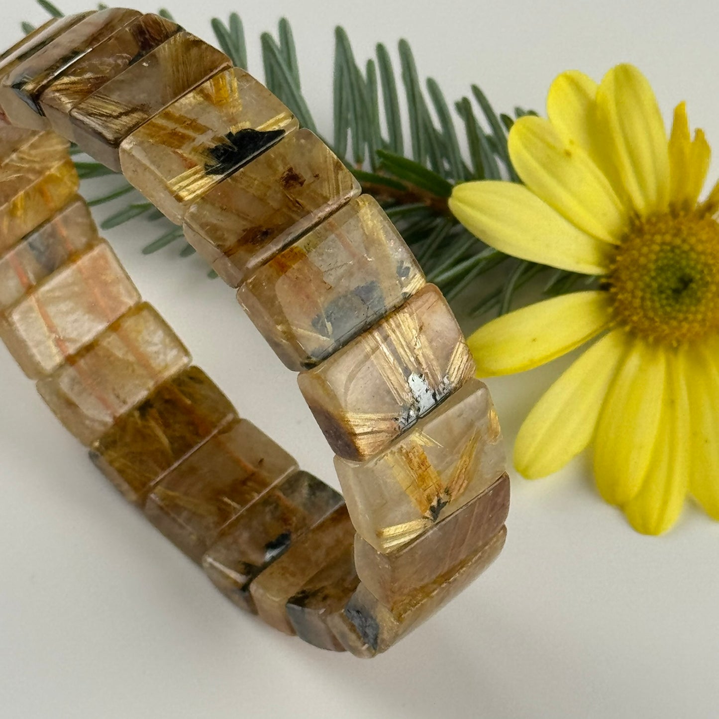Bracelet: Golden Rutilated Quartz With Hematite Crystal Bangle Bracelet