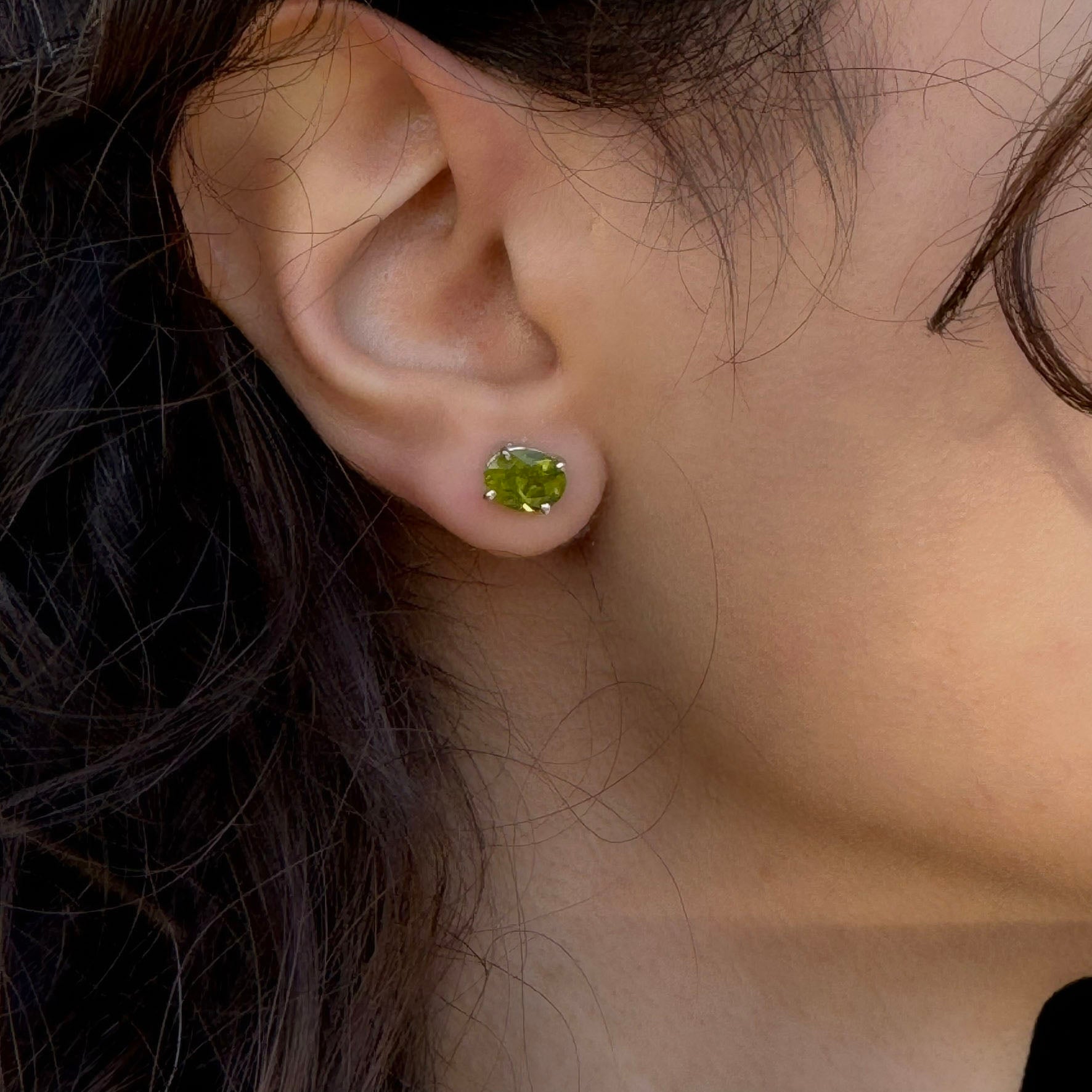 Handmade Oval Peridot Earrings in 925 Sterling Silver - Prong Set Style