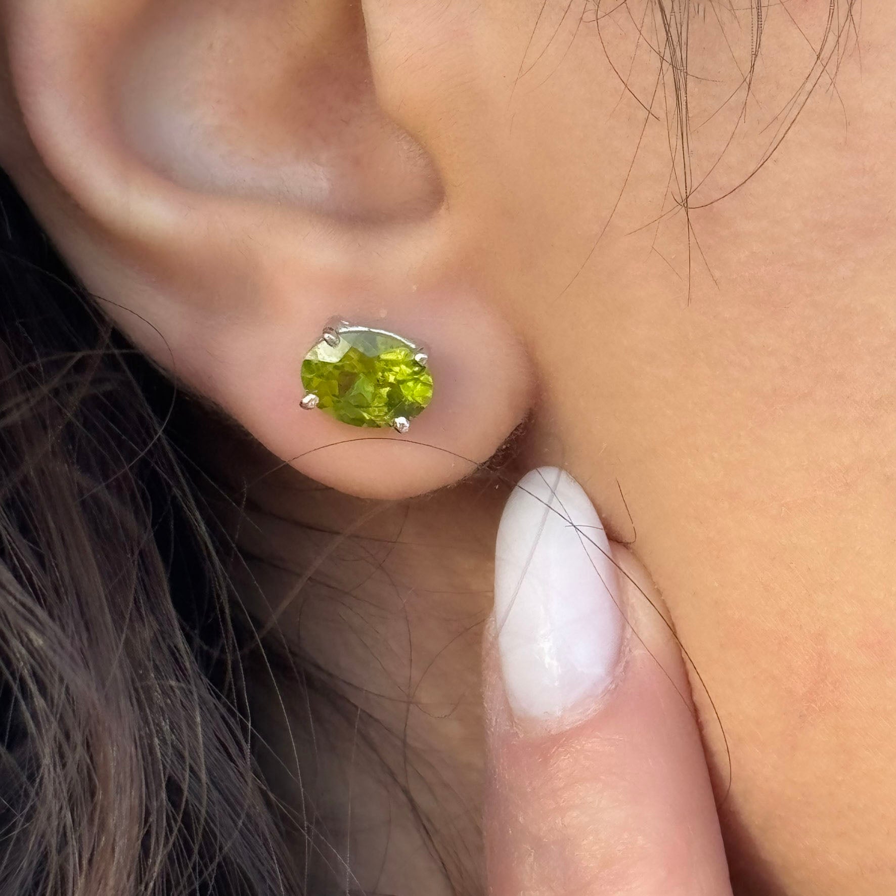 Handmade Oval Peridot Earrings in 925 Sterling Silver - Prong Set Style