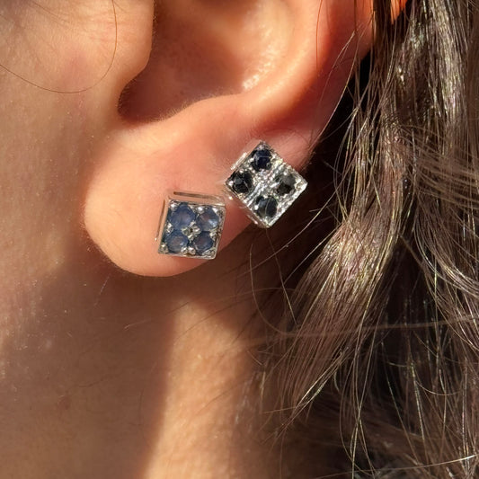 Handmade Square Sapphire Earrings in 925 Sterling Silver - Prong Set Style