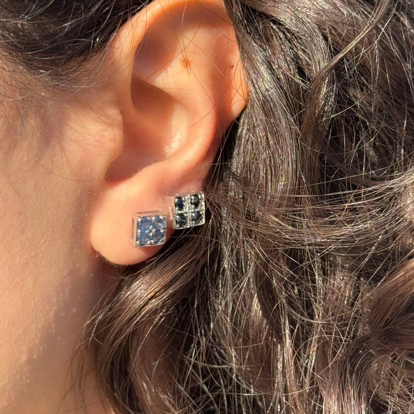 Handmade Square Sapphire Earrings in 925 Sterling Silver - Prong Set Style