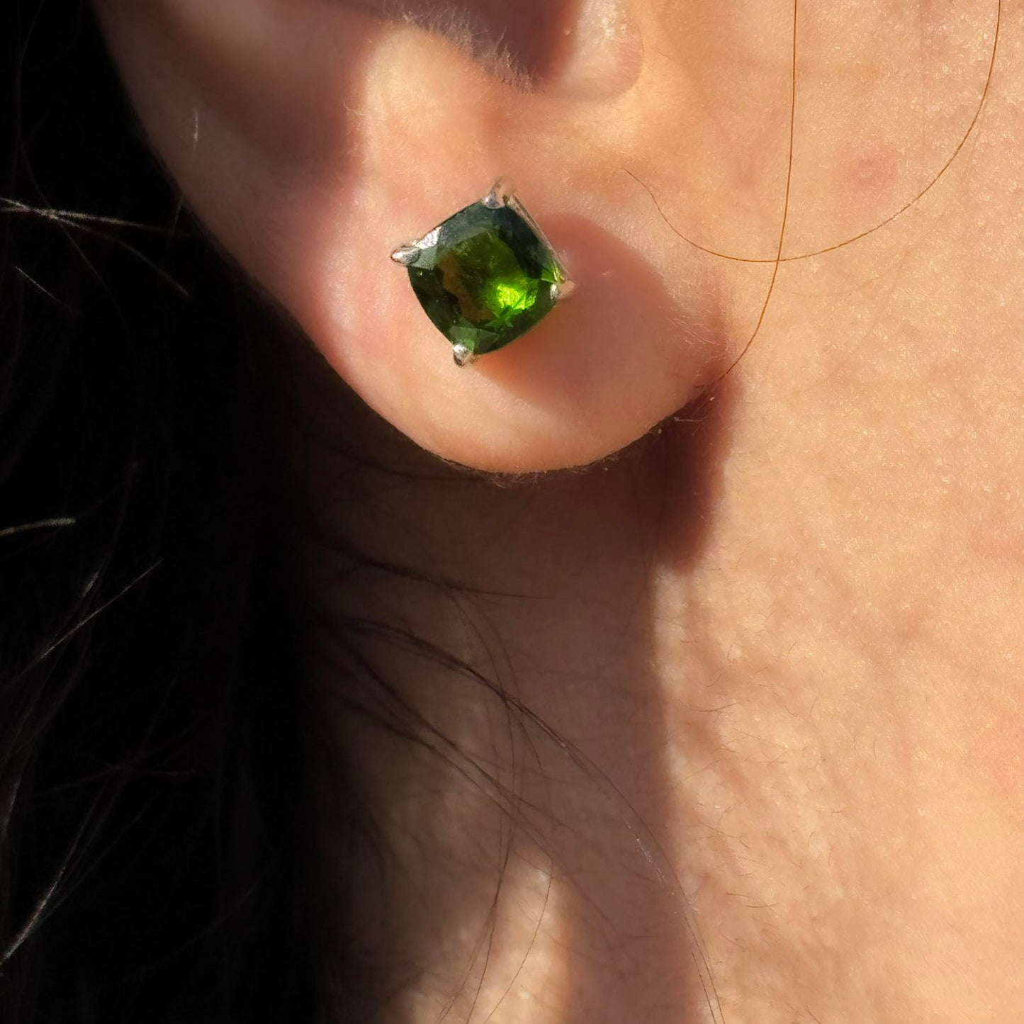 Handmade Cushion Cut Diopside Earrings in 925 Sterling Silver - Prong Set Style