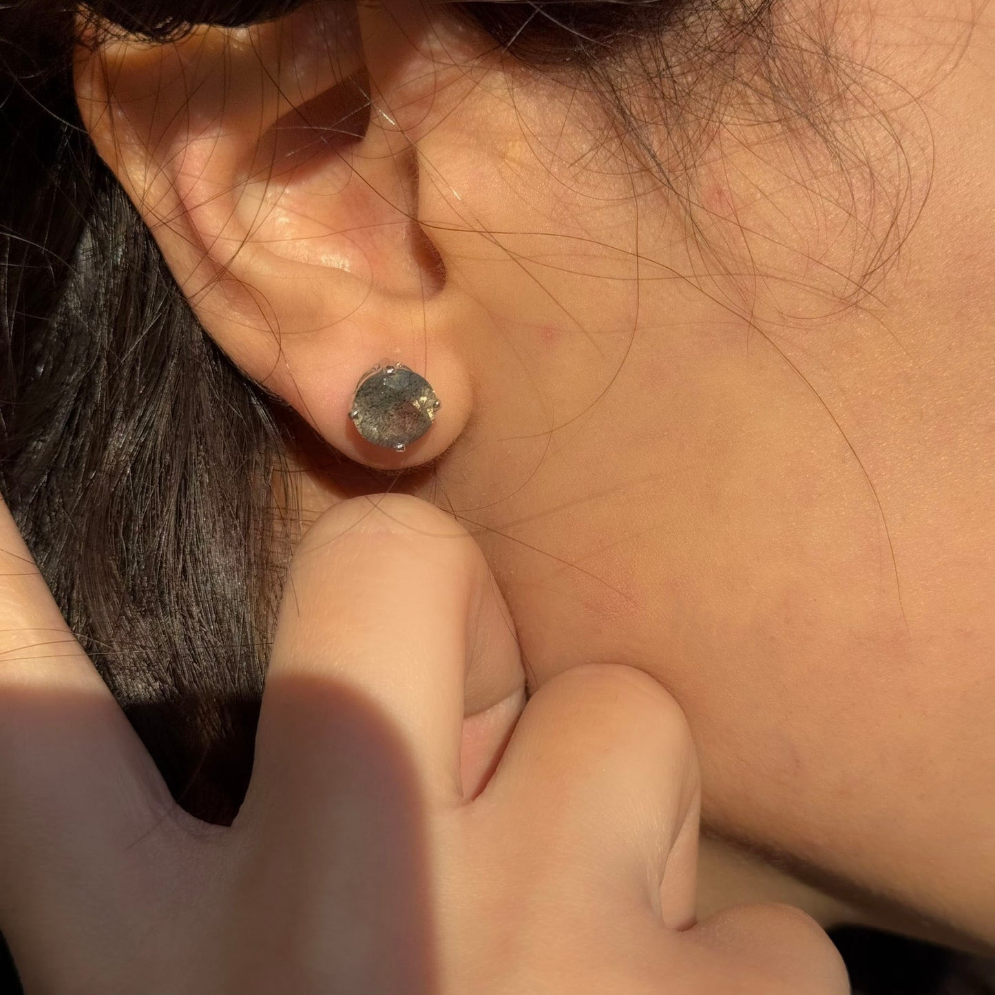 Handmade Round Labradorite Earrings in 925 Sterling Silver - Prong Set Style