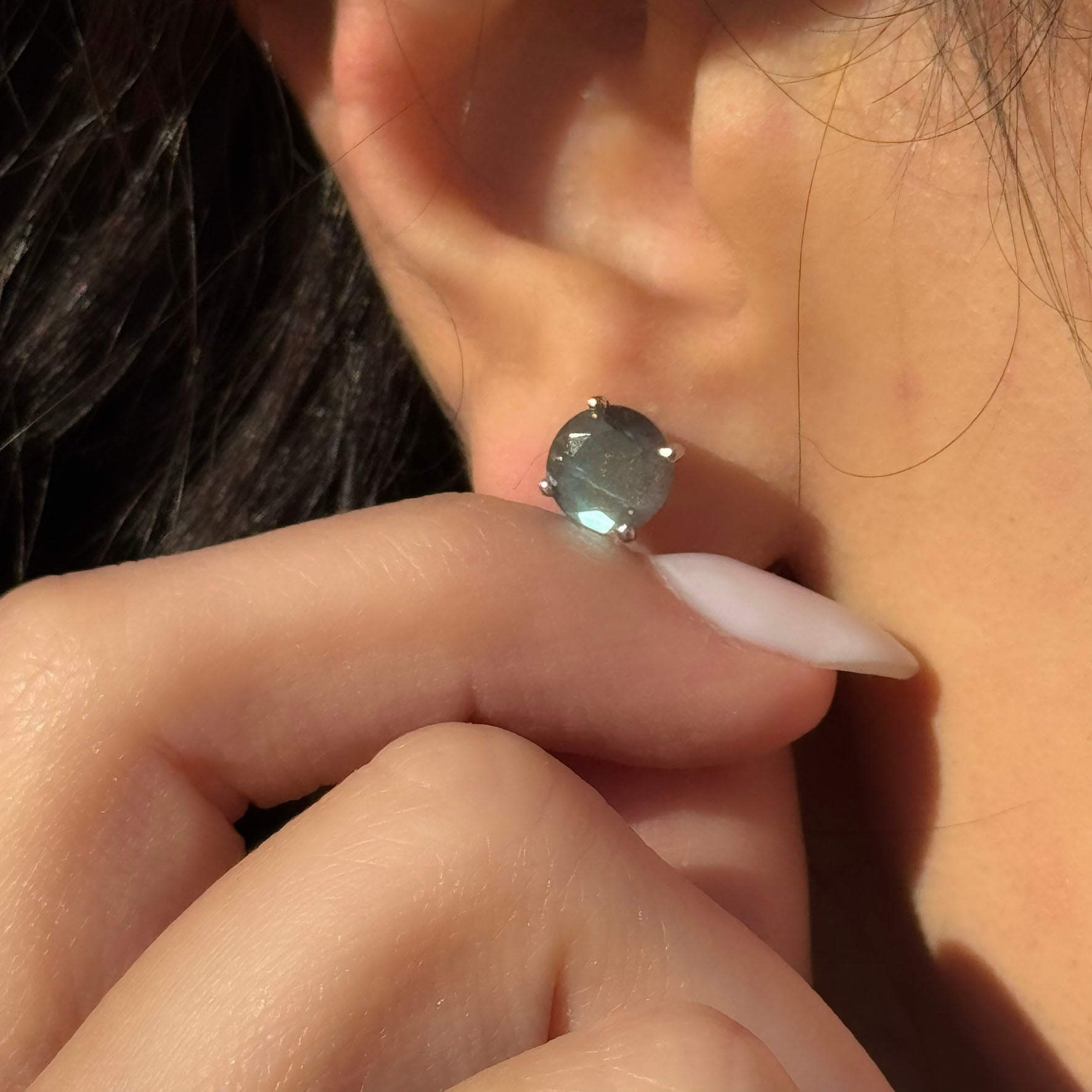 Handmade Round Labradorite Earrings in 925 Sterling Silver - Prong Set Style