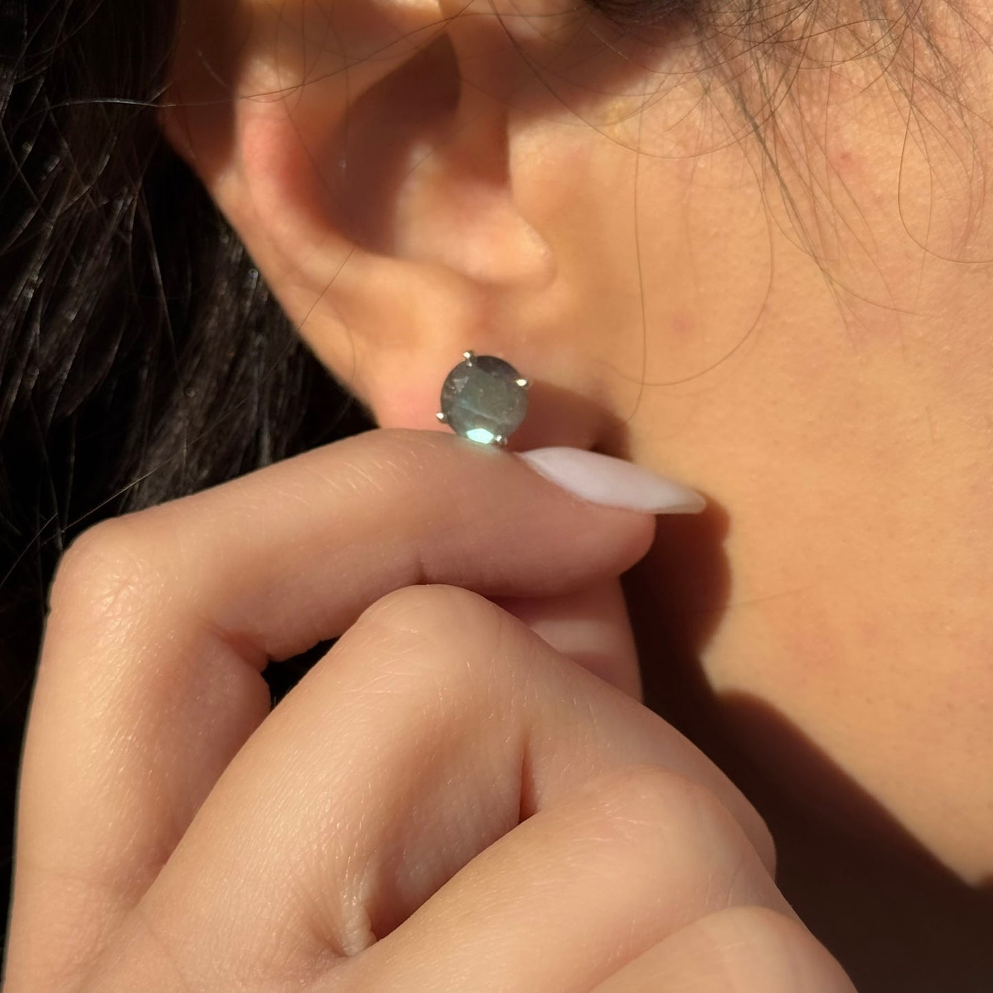 Handmade Round Labradorite Earrings in 925 Sterling Silver - Prong Set Style