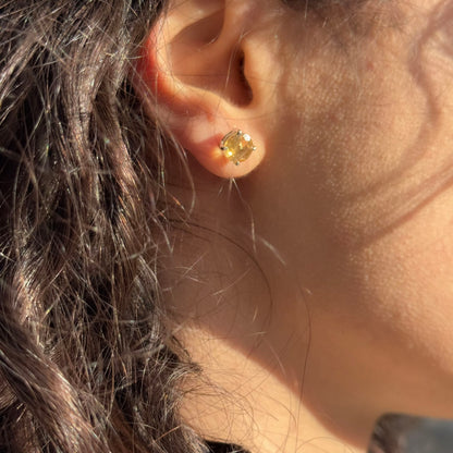 Handmade Round Citrine Earrings in 925 Sterling Silver - Prong Set Style