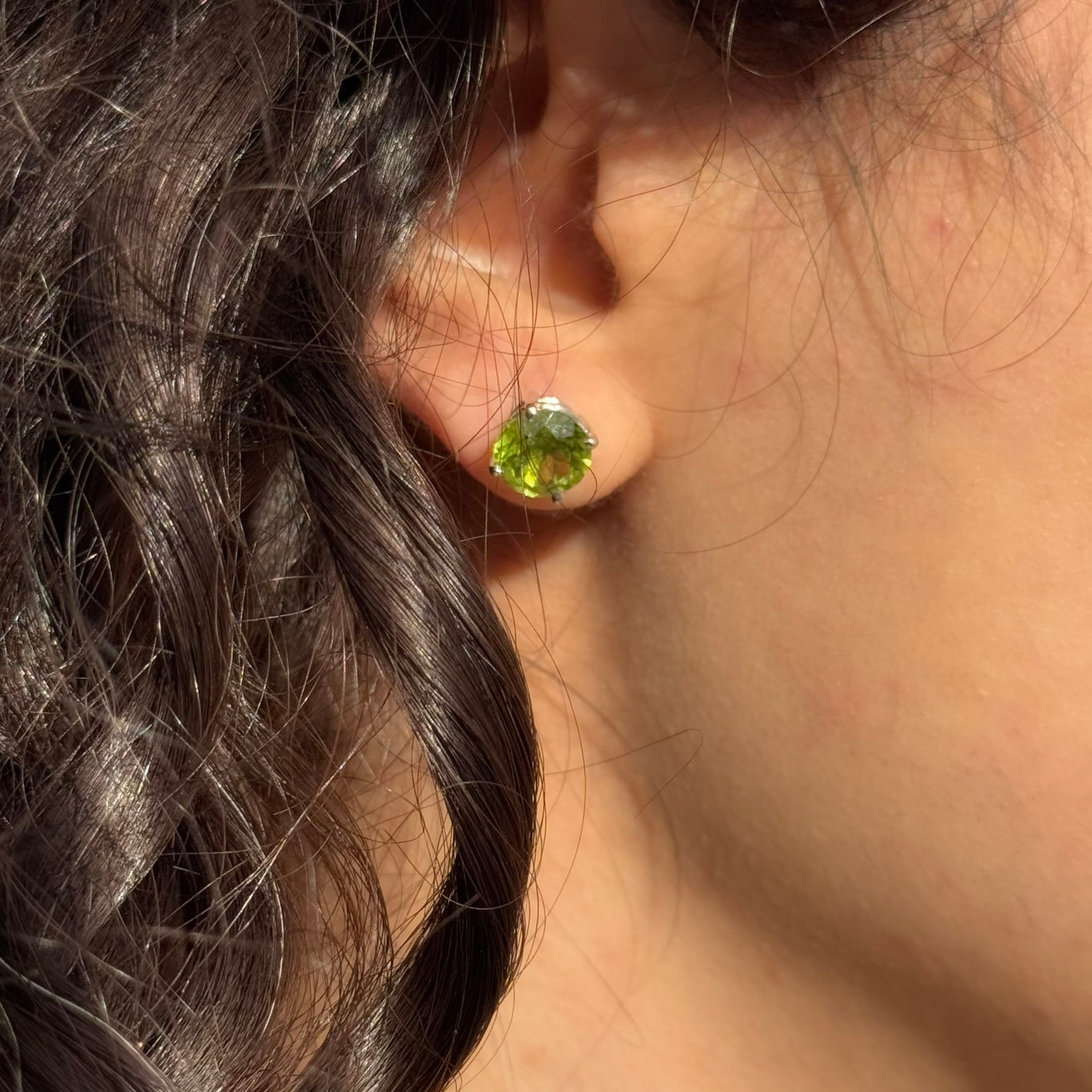 Handmade Round Peridot Earrings in 925 Sterling Silver - Prong Set Style