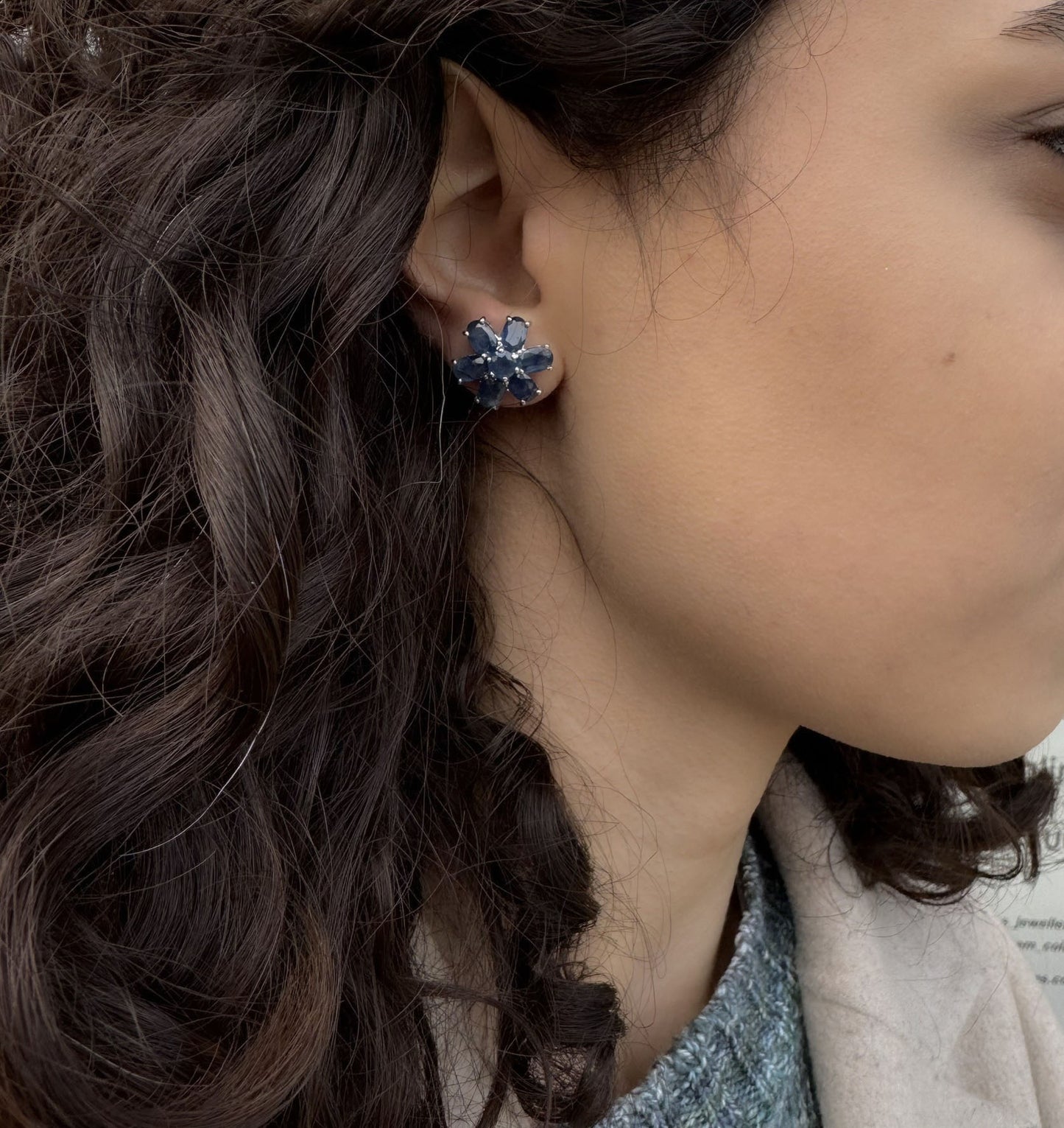 Handmade Flower Shaped Sapphire Earrings in 925 Sterling Silver - Prong Set Style