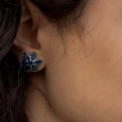 Handmade Flower Shaped Sapphire Earrings in 925 Sterling Silver - Prong Set Style