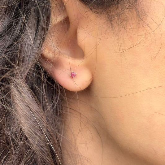 Handmade Glass Filled Round Ruby Earrings in 925 Sterling Silver - Prong Set Style