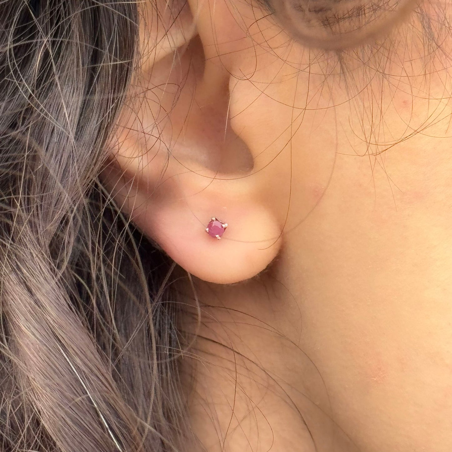 Handmade Glass Filled Round Ruby Earrings in 925 Sterling Silver - Prong Set Style