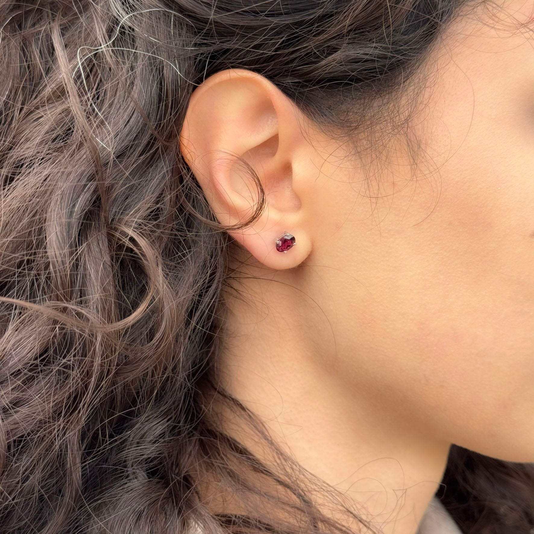 Handmade Oval Garnet Earrings in 925 Sterling Silver - Prong Set Style