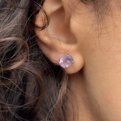 Handmade Oval Amethyst Earrings in 925 Sterling Silver - Prong Set Style