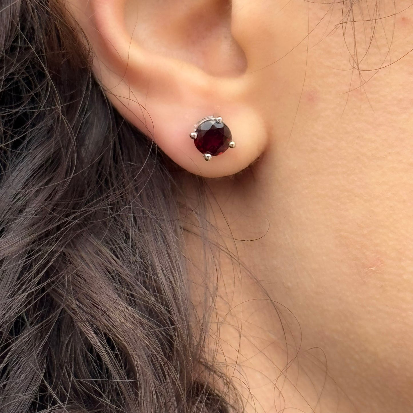 Handmade Round Garnet Earrings in 925 Sterling Silver - Prong Set Style