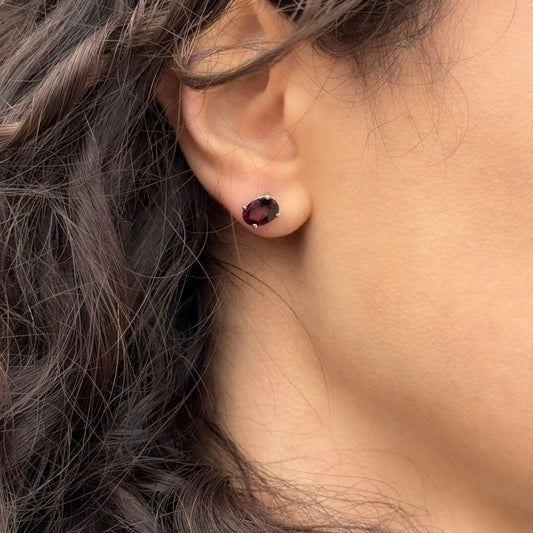 Handmade Oval Garnet Earrings in 925 Sterling Silver - Prong Set Style