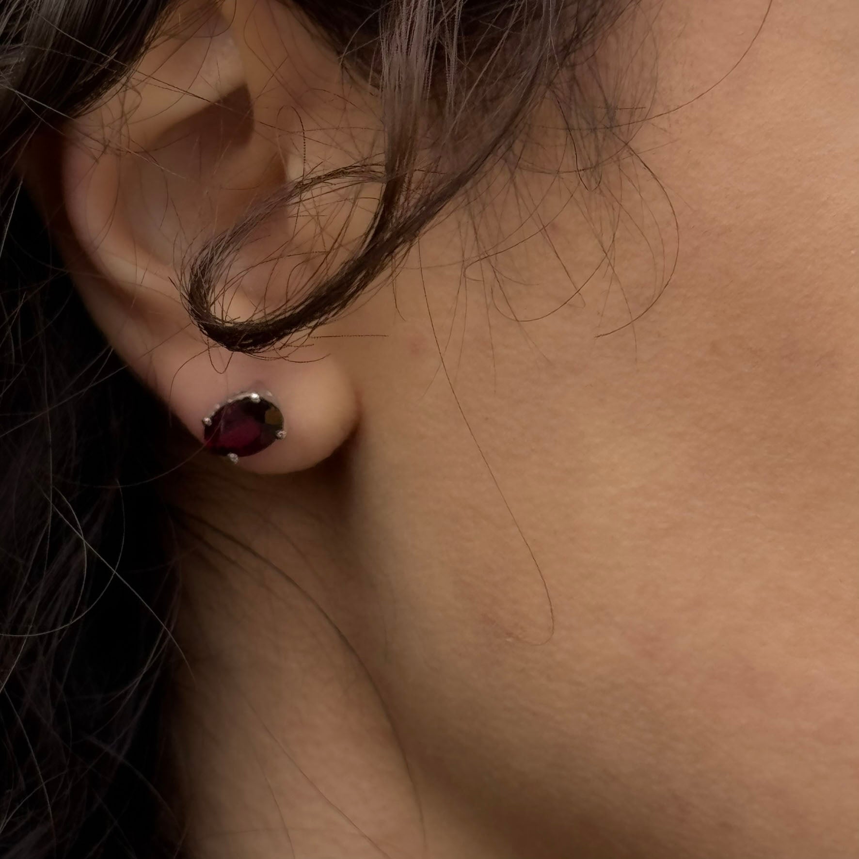 Handmade Oval Garnet Earrings in 925 Sterling Silver - Prong Set Style