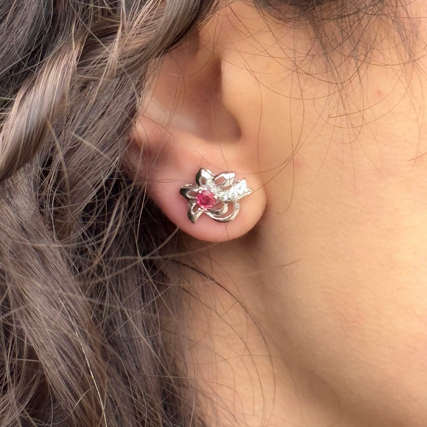 Handmade Flower Shaped Ruby Earrings in 925 Sterling Silver - Prong Set Style