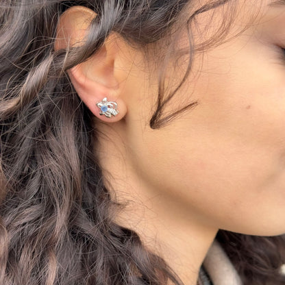 Handmade Flower Shaped Sapphire Earrings in 925 Sterling Silver - Prong Set Style