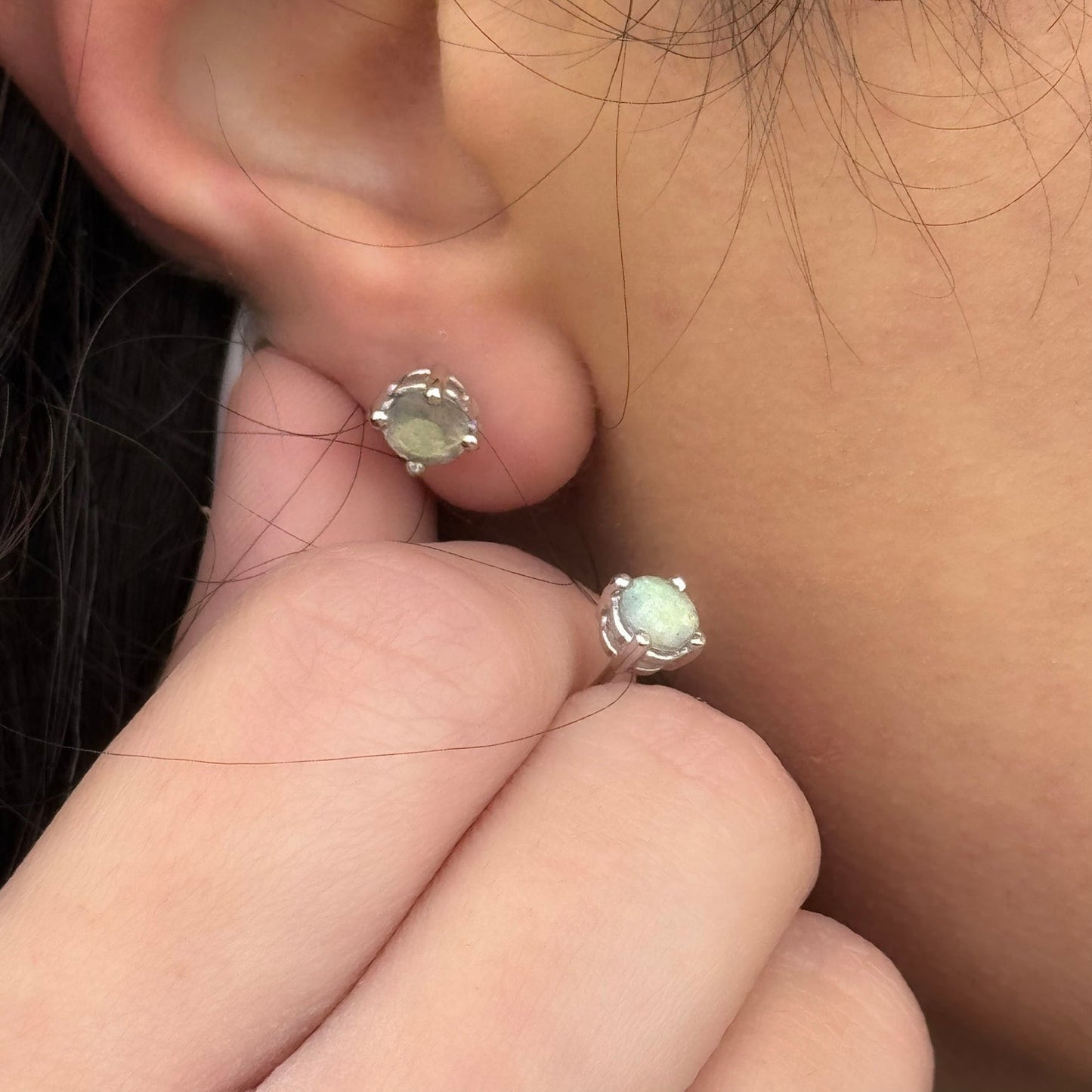 Handmade Round Labradorite Earrings in 925 Sterling Silver - Prong Set Style