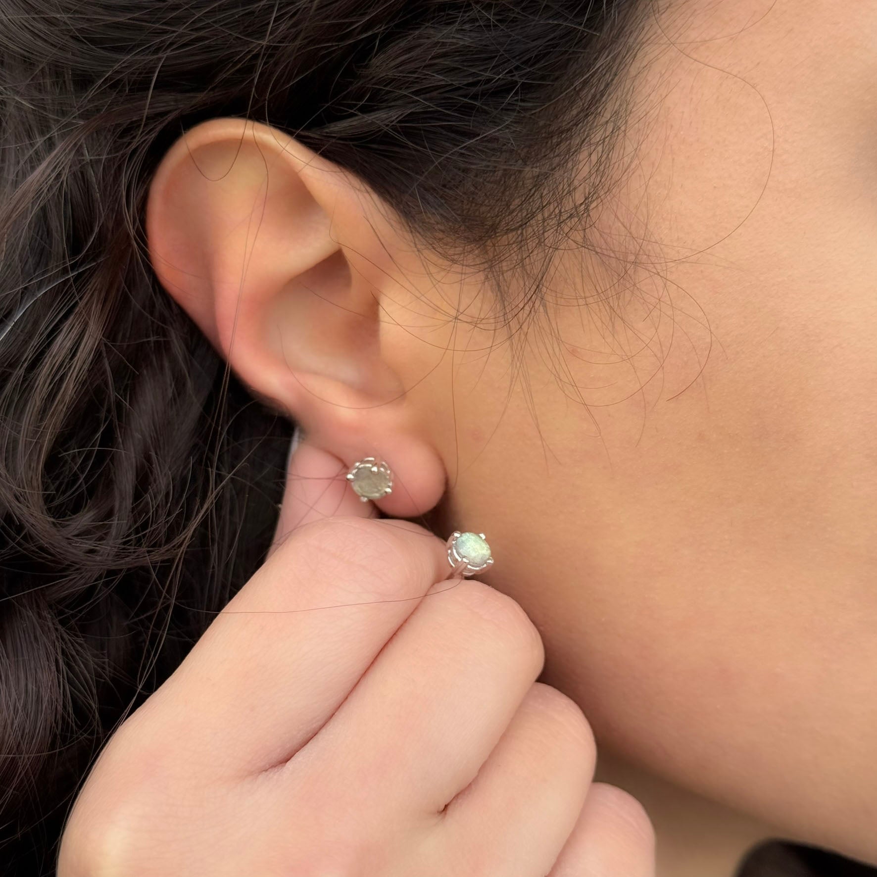 Handmade Round Labradorite Earrings in 925 Sterling Silver - Prong Set Style