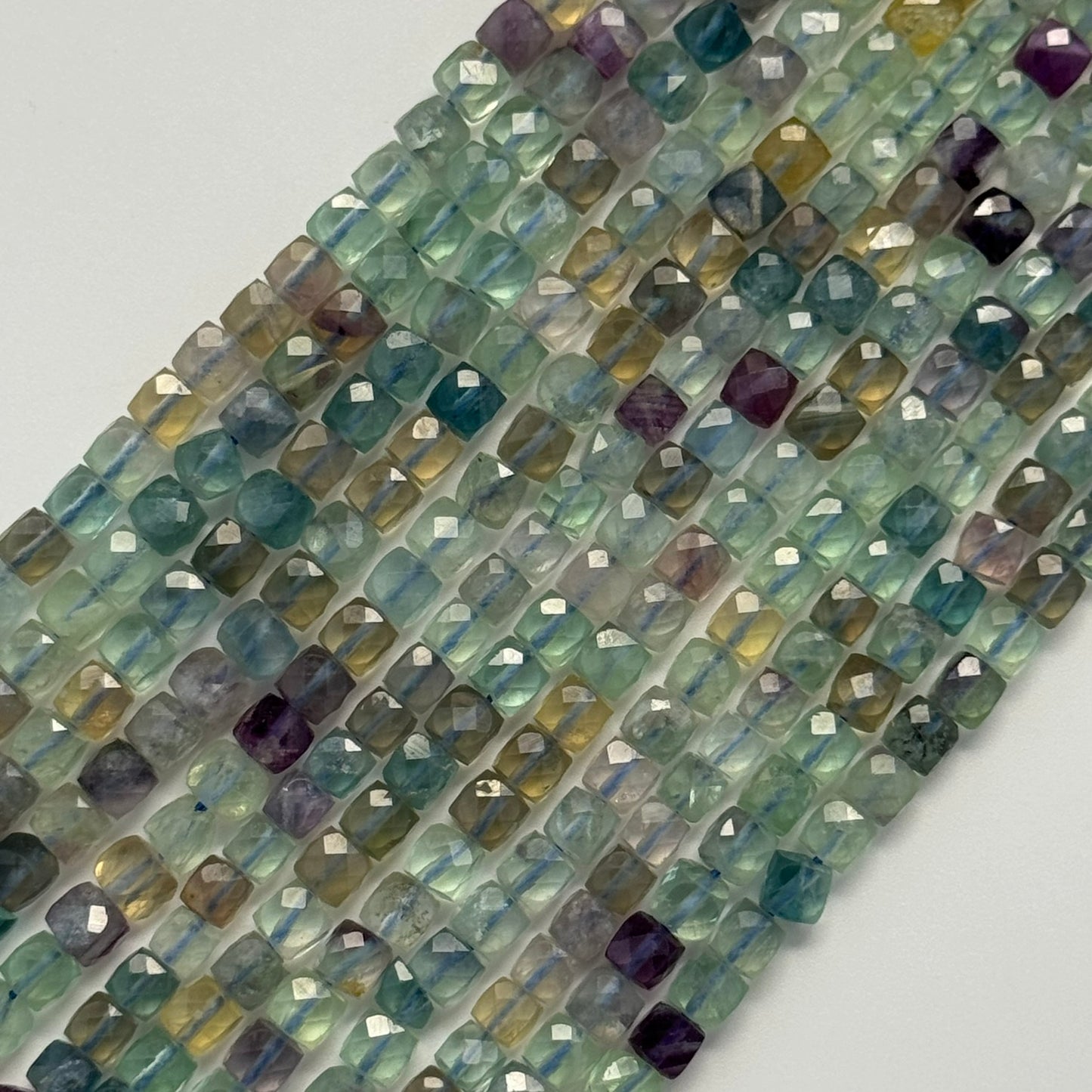 Faceted Rainbow Green Fluorite Square Beads