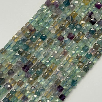 Faceted Rainbow Green Fluorite Square Beads