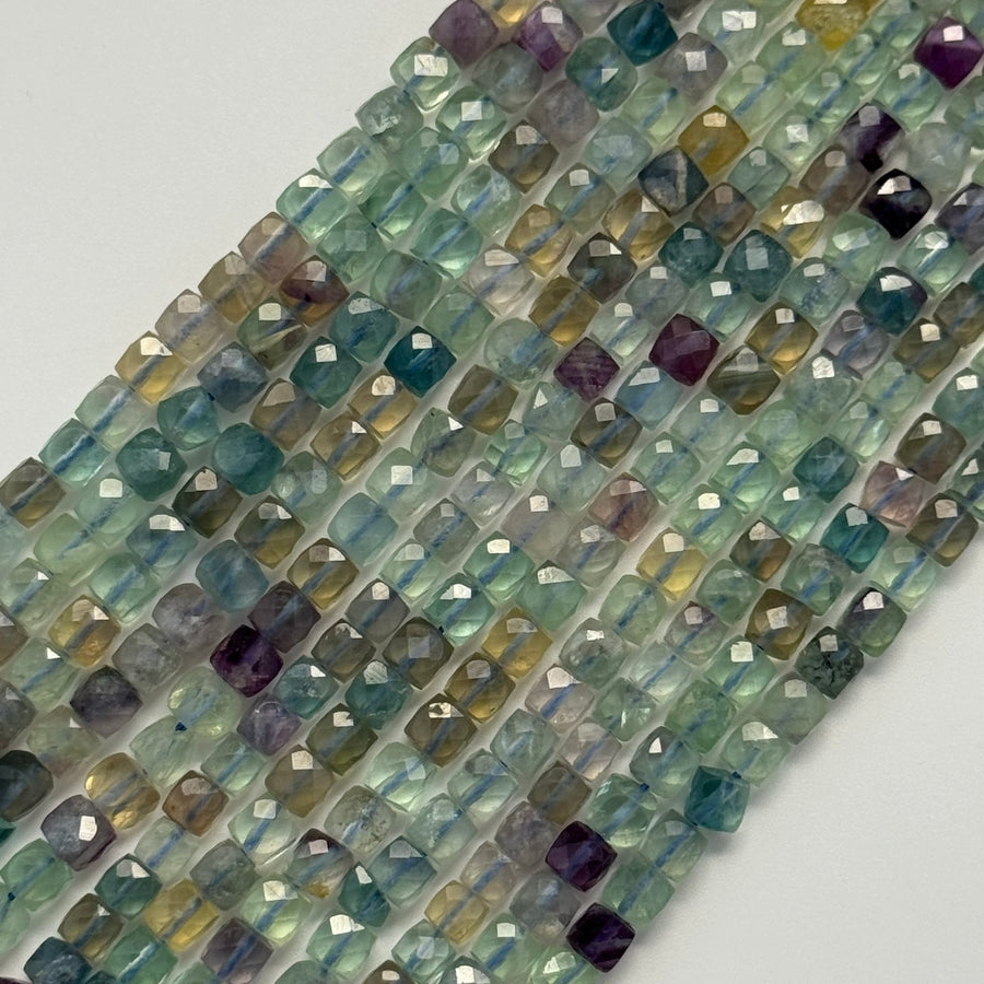 Faceted Rainbow Green Fluorite Square Beads