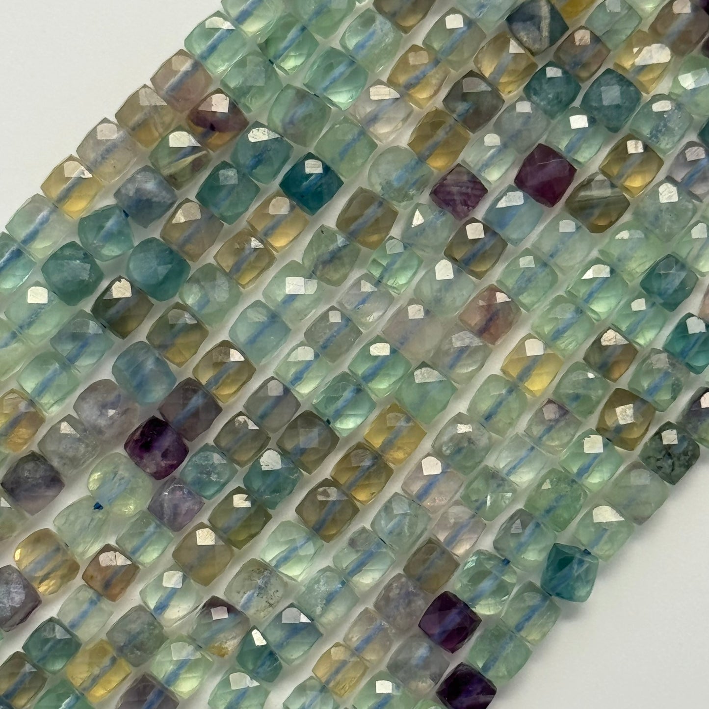 Faceted Rainbow Green Fluorite Square Beads