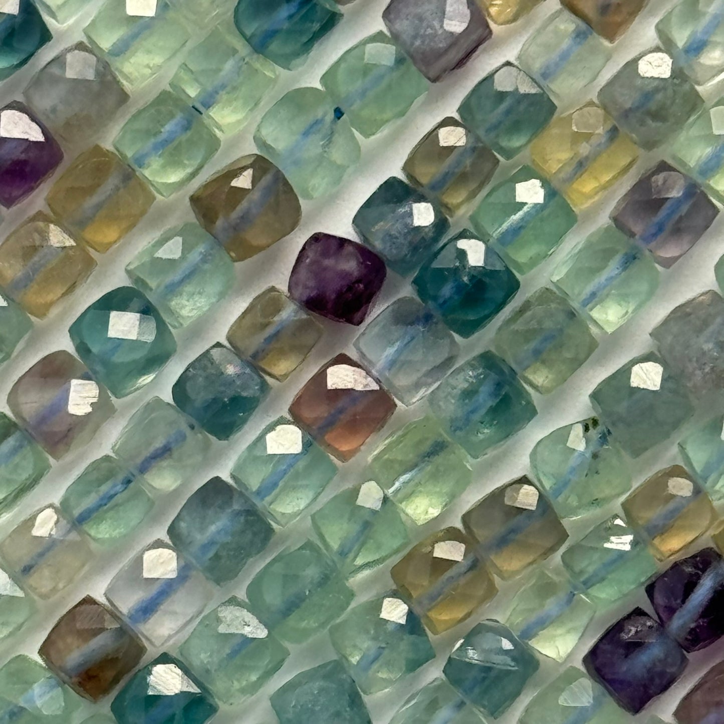 Faceted Rainbow Green Fluorite Square Beads